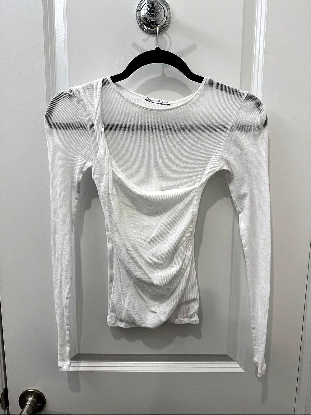 Zara Long Sleeve Top in White with Ruched/Wrap Details Like New